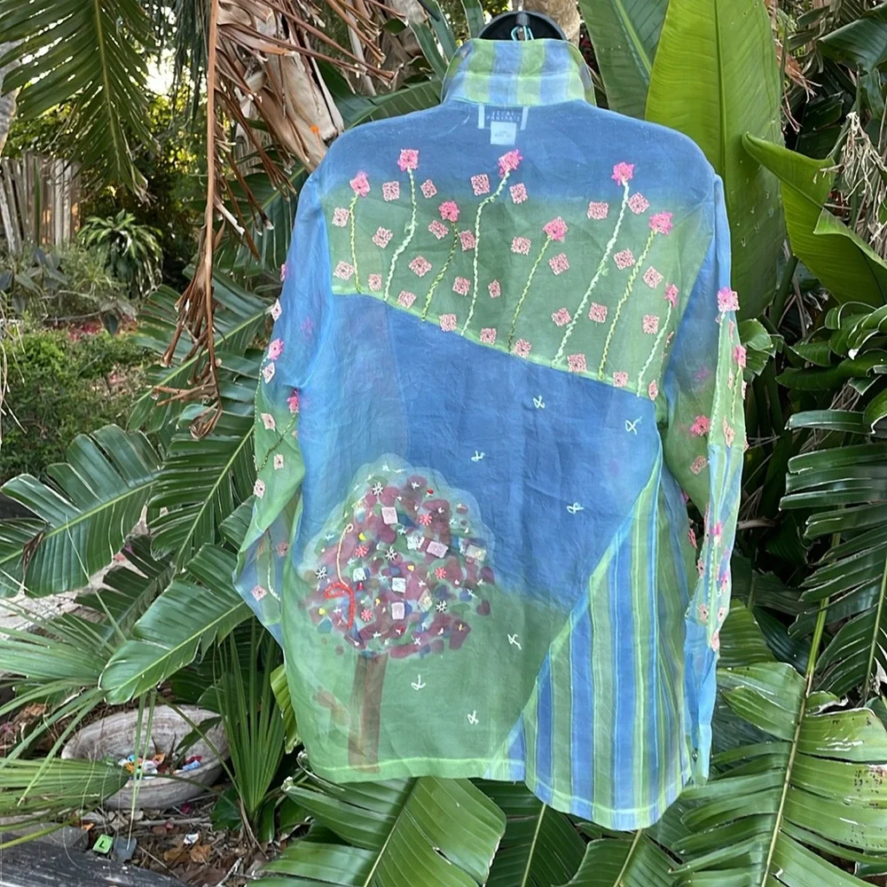 Sandy Starkman 100% silk batik and 3-D floral  sheer blouse or jacket